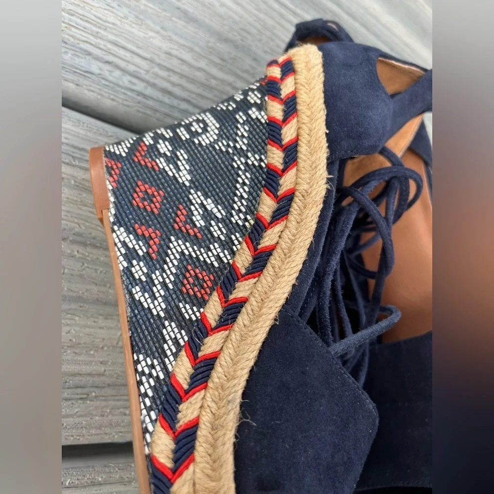 Cabi Isla Navy Blue Espadrille Wedge Sandals Size 9